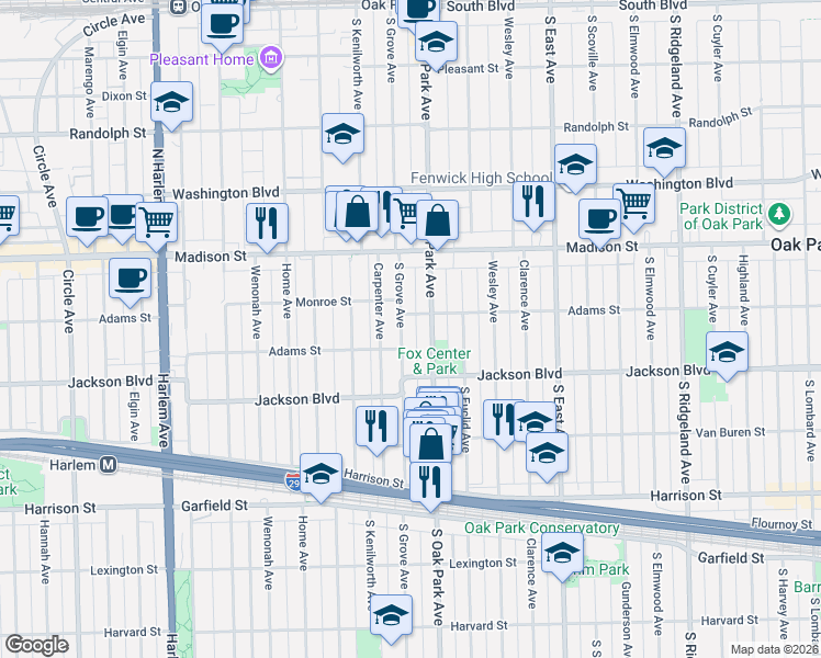 map of restaurants, bars, coffee shops, grocery stores, and more near 624 South Grove Avenue in Oak Park
