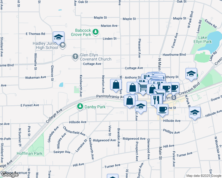 map of restaurants, bars, coffee shops, grocery stores, and more near 364 Pennsylvania Avenue in Glen Ellyn