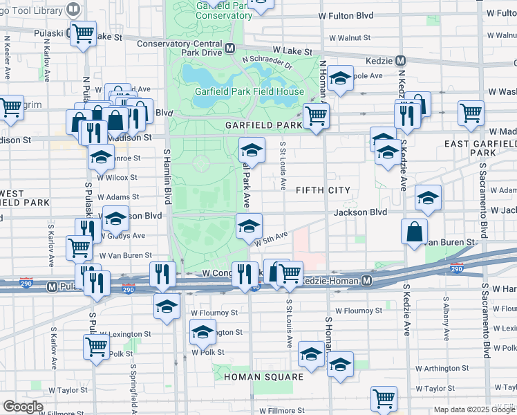 map of restaurants, bars, coffee shops, grocery stores, and more near 3536 West Jackson Boulevard in Chicago