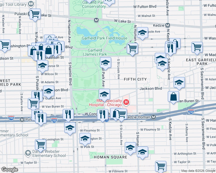 map of restaurants, bars, coffee shops, grocery stores, and more near 3546 West Jackson Boulevard in Chicago