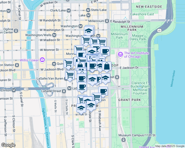 map of restaurants, bars, coffee shops, grocery stores, and more near 1 East Jackson Boulevard in Chicago