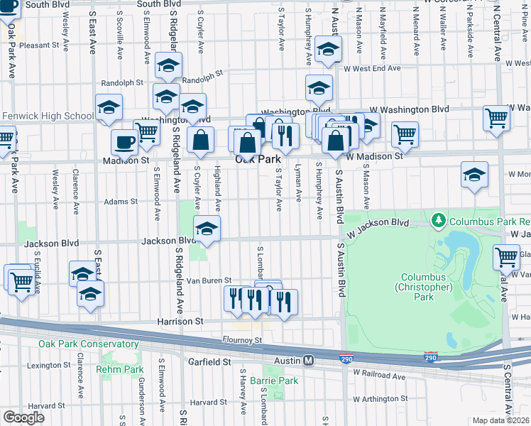 map of restaurants, bars, coffee shops, grocery stores, and more near 631 South Taylor Avenue in Oak Park