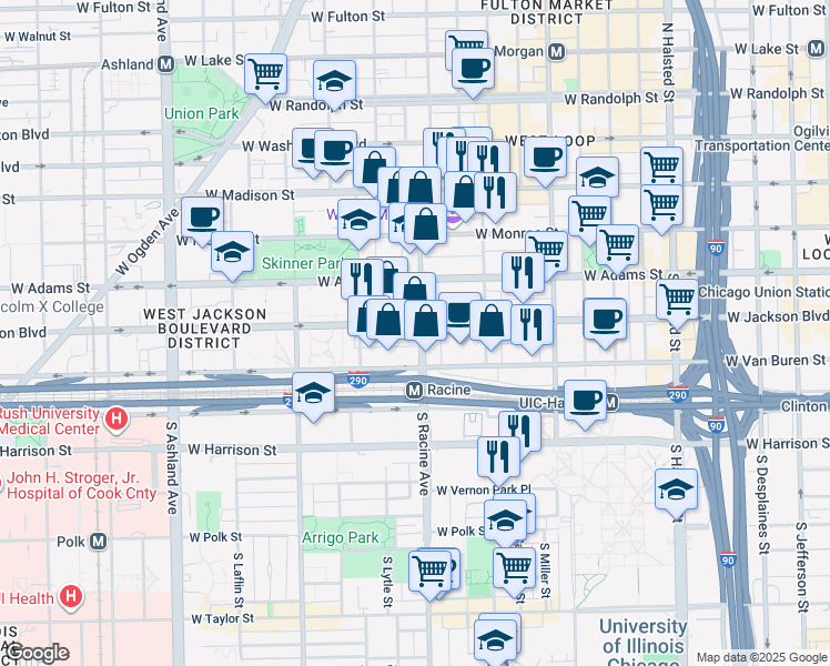 map of restaurants, bars, coffee shops, grocery stores, and more near 324 South Racine Avenue in Chicago