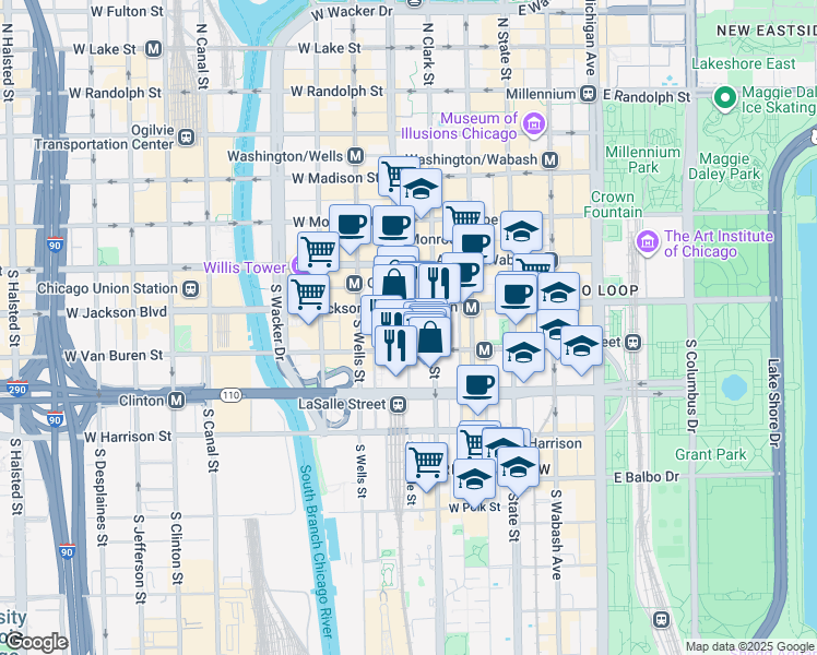map of restaurants, bars, coffee shops, grocery stores, and more near 209 South La Salle Street in Chicago