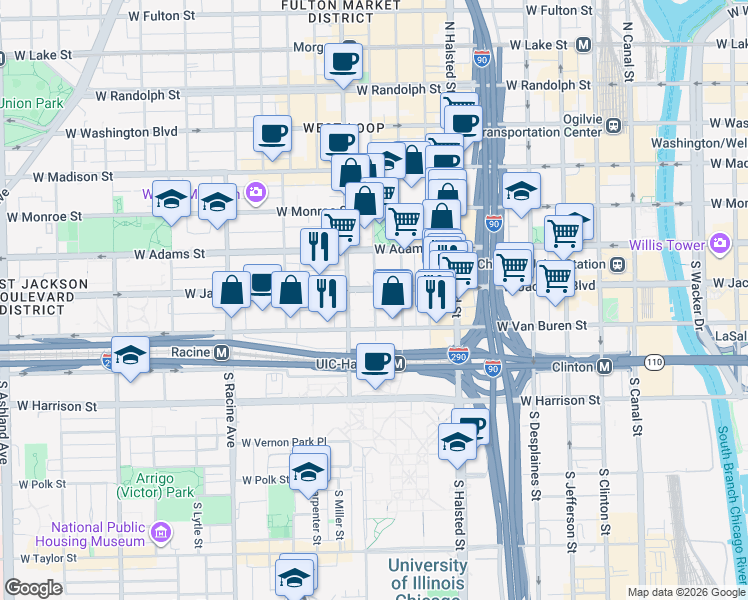 map of restaurants, bars, coffee shops, grocery stores, and more near 947 West Van Buren Street in Chicago