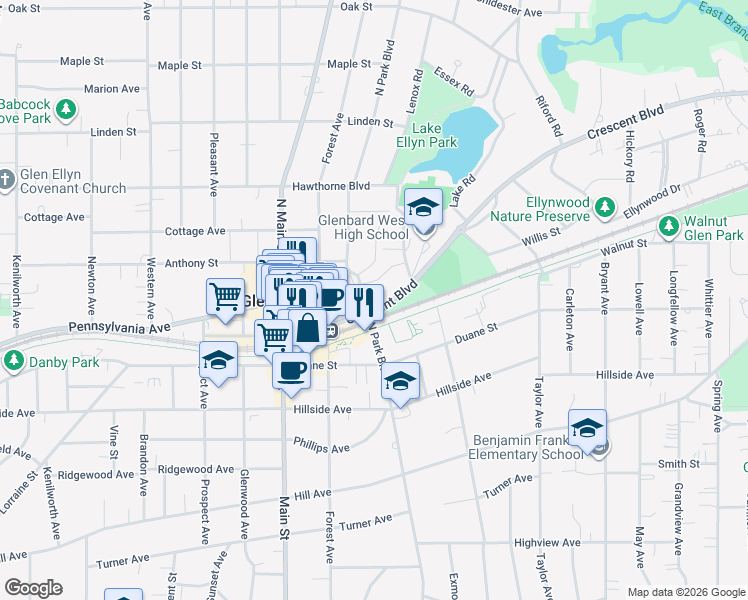 map of restaurants, bars, coffee shops, grocery stores, and more near 596 Crescent Boulevard in Glen Ellyn