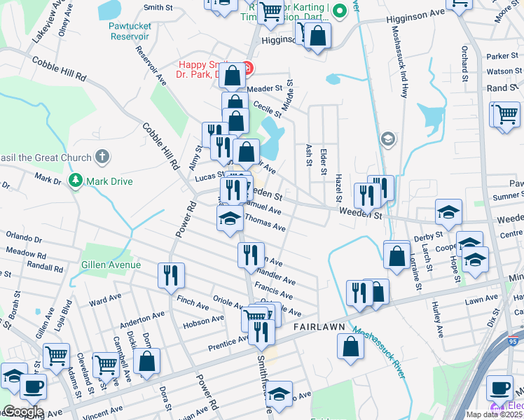 map of restaurants, bars, coffee shops, grocery stores, and more near 140 Samuel Avenue in Pawtucket