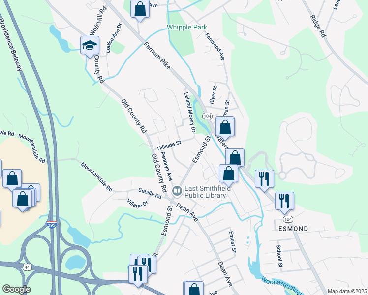 map of restaurants, bars, coffee shops, grocery stores, and more near 10 Elm Court in Smithfield
