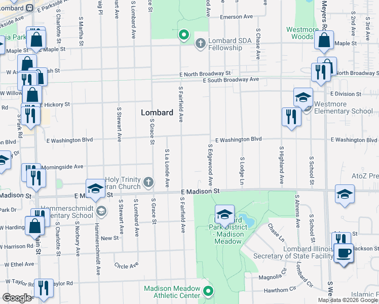 map of restaurants, bars, coffee shops, grocery stores, and more near 545 South Fairfield Avenue in Lombard