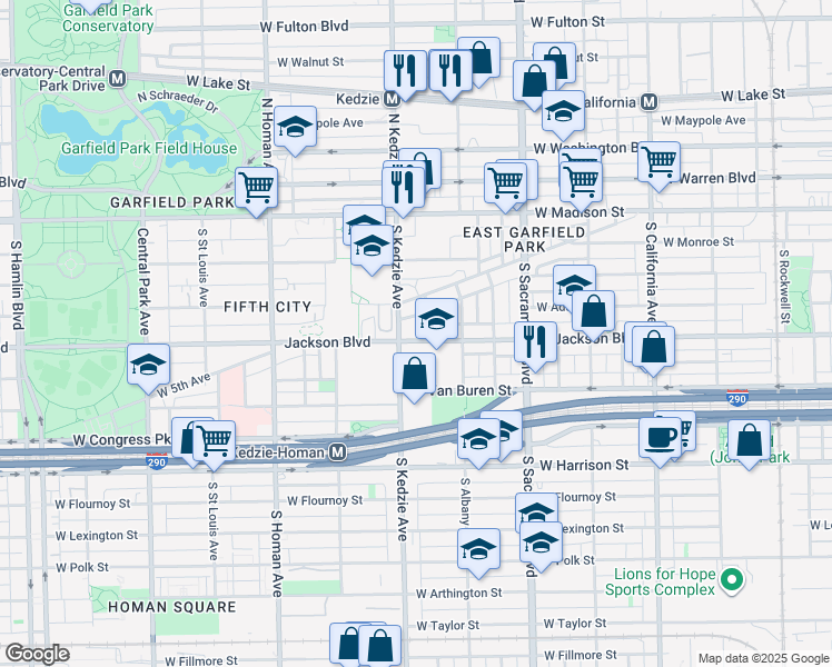 map of restaurants, bars, coffee shops, grocery stores, and more near 3144 West Jackson Boulevard in Chicago