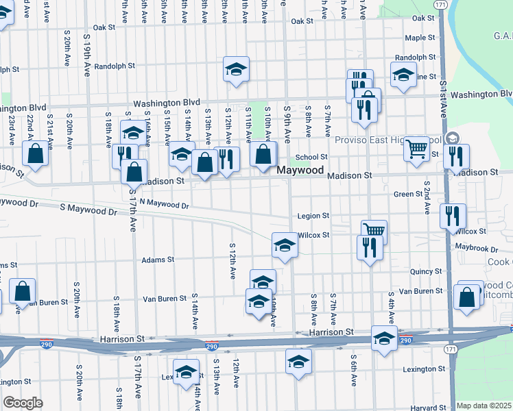map of restaurants, bars, coffee shops, grocery stores, and more near 1023 South 11th Avenue in Maywood