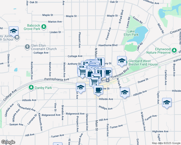 map of restaurants, bars, coffee shops, grocery stores, and more near 497 Pennsylvania Avenue in Glen Ellyn