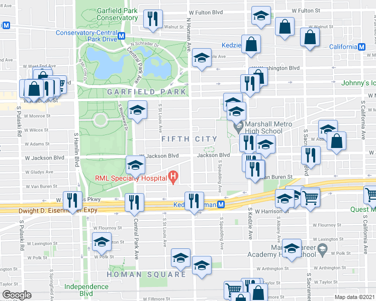 map of restaurants, bars, coffee shops, grocery stores, and more near 3404 West Jackson Boulevard in Chicago