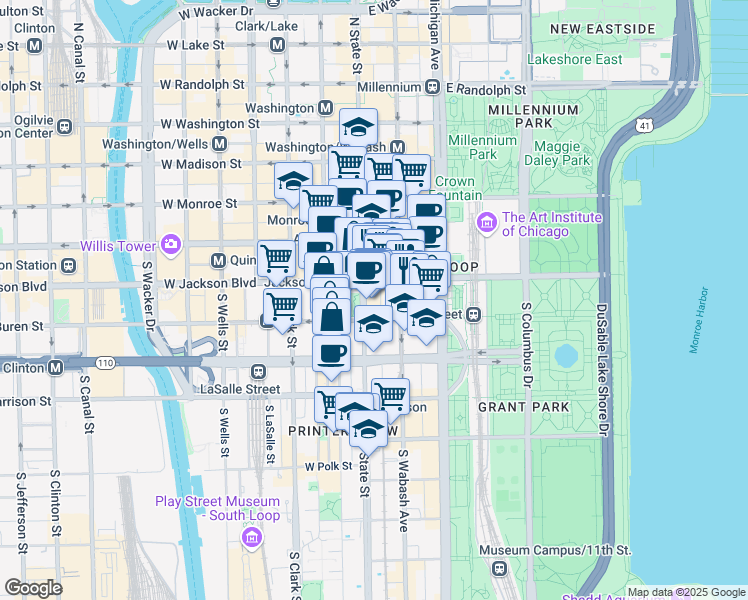 map of restaurants, bars, coffee shops, grocery stores, and more near 1 East Jackson Boulevard in Chicago