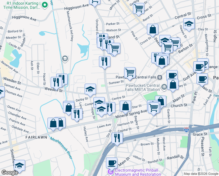 map of restaurants, bars, coffee shops, grocery stores, and more near 358 Weeden Street in Pawtucket
