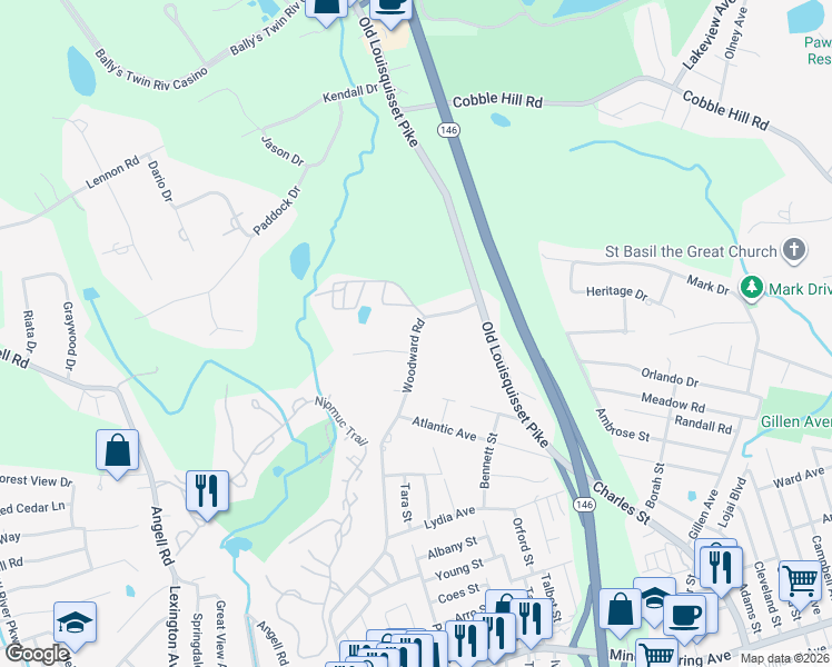 map of restaurants, bars, coffee shops, grocery stores, and more near 34 Woodward Road in Lincoln