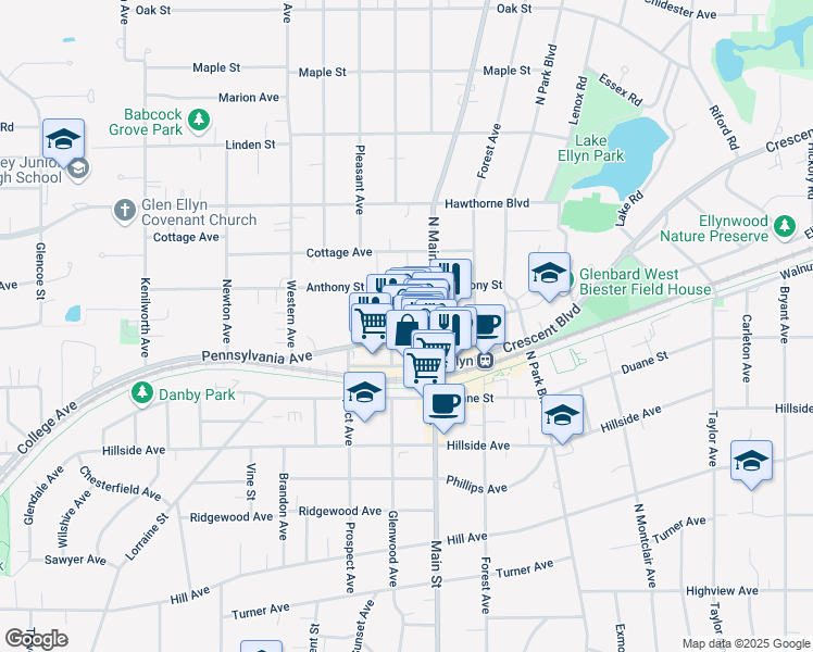 map of restaurants, bars, coffee shops, grocery stores, and more near 497 Pennsylvania Avenue in Glen Ellyn