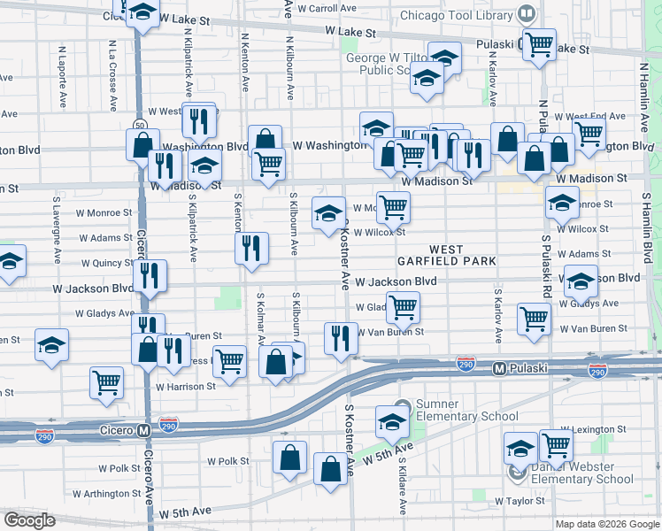 map of restaurants, bars, coffee shops, grocery stores, and more near 4424 Jackson Boulevard in Chicago