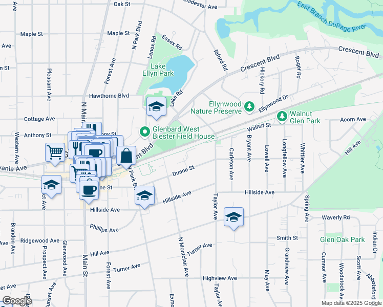 map of restaurants, bars, coffee shops, grocery stores, and more near 702 Duane Street in Glen Ellyn