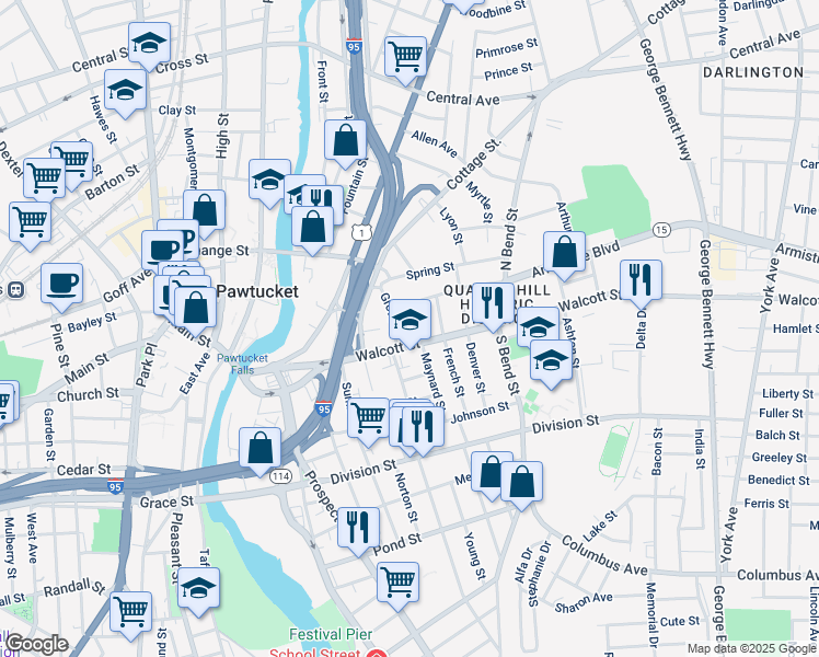 map of restaurants, bars, coffee shops, grocery stores, and more near 41 Maynard Street in Pawtucket