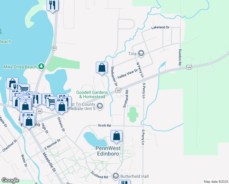 map of restaurants, bars, coffee shops, grocery stores, and more near 252-298 Waterford Street in Edinboro