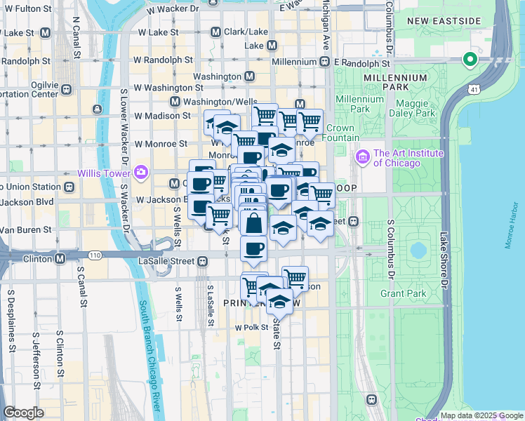 map of restaurants, bars, coffee shops, grocery stores, and more near 22 West Van Buren Street in Chicago