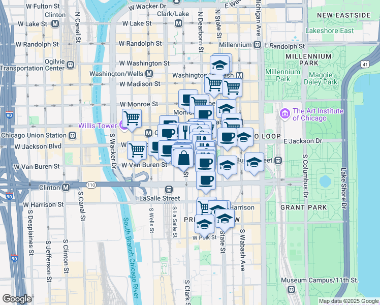 map of restaurants, bars, coffee shops, grocery stores, and more near 64 West Van Buren Street in Chicago