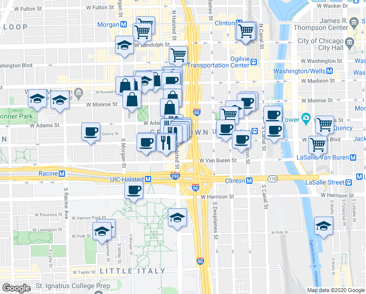 map of restaurants, bars, coffee shops, grocery stores, and more near 768 West Van Buren Street in Chicago