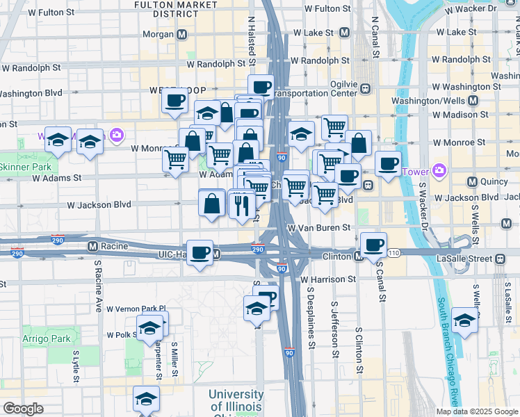 map of restaurants, bars, coffee shops, grocery stores, and more near 770 West Van Buren Street in Chicago