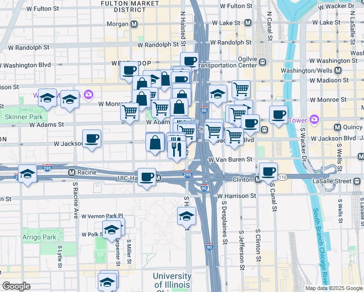 map of restaurants, bars, coffee shops, grocery stores, and more near 319 South Green Street in Chicago