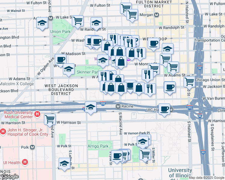 map of restaurants, bars, coffee shops, grocery stores, and more near 1224 West Van Buren Street in Chicago