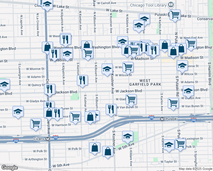 map of restaurants, bars, coffee shops, grocery stores, and more near 4424 Jackson Boulevard in Chicago