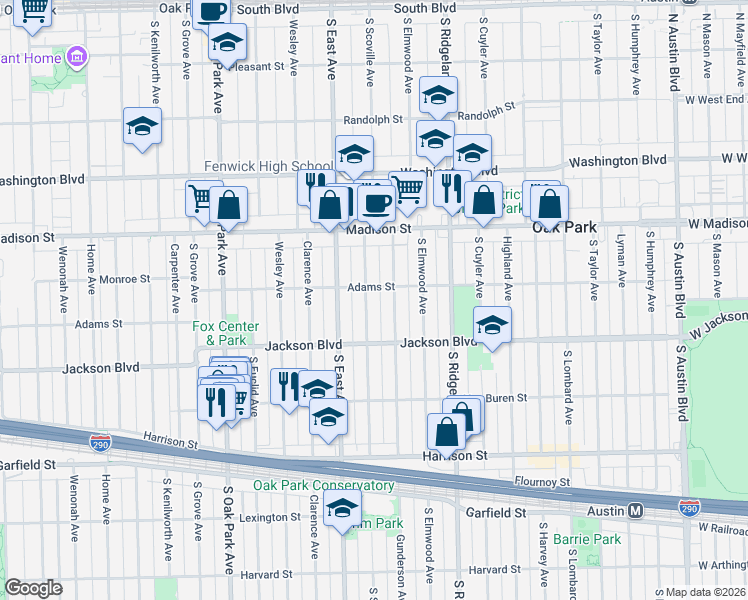 map of restaurants, bars, coffee shops, grocery stores, and more near 628 South Scoville Avenue in Oak Park