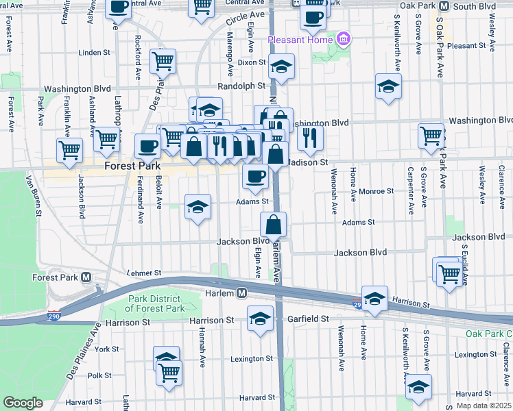 map of restaurants, bars, coffee shops, grocery stores, and more near 521 Elgin Avenue in Forest Park