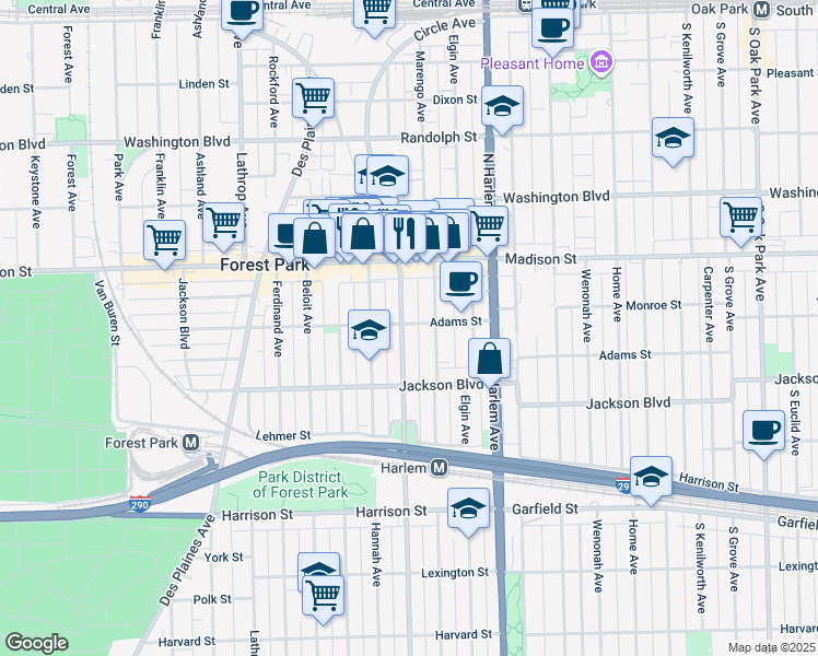 map of restaurants, bars, coffee shops, grocery stores, and more near 517 Circle Avenue in Forest Park