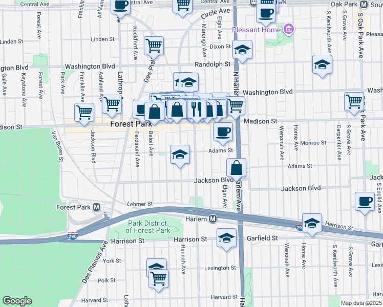 map of restaurants, bars, coffee shops, grocery stores, and more near 517 Circle Avenue in Forest Park