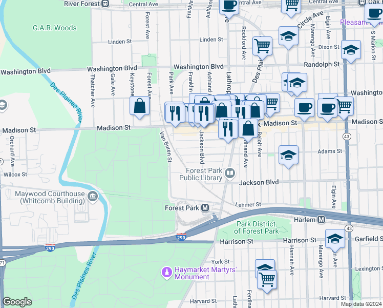map of restaurants, bars, coffee shops, grocery stores, and more near 7713 Wilcox Street in Forest Park