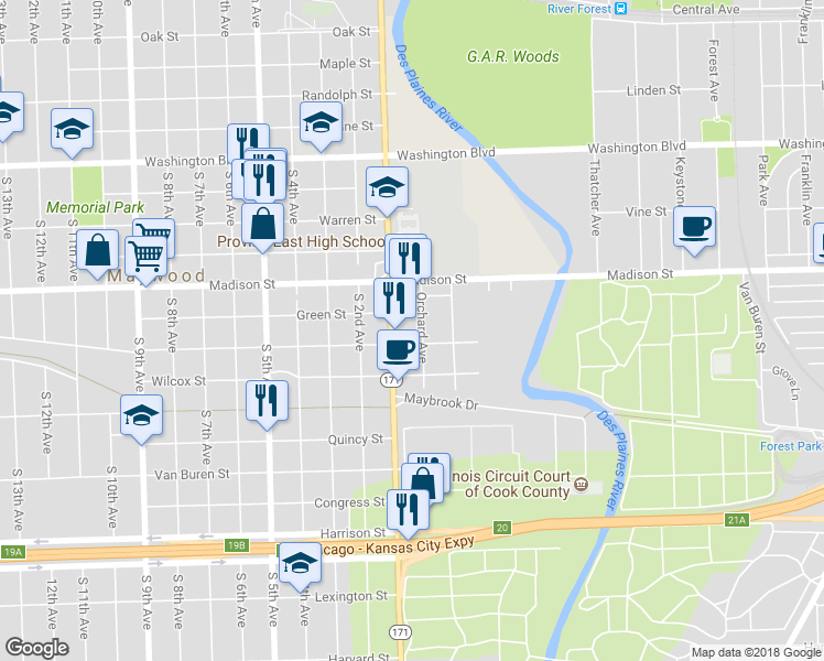 map of restaurants, bars, coffee shops, grocery stores, and more near 98 Legion Street in Maywood