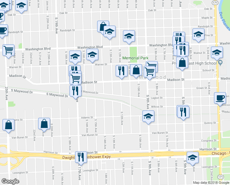 map of restaurants, bars, coffee shops, grocery stores, and more near 1304 North Maywood Drive in Maywood