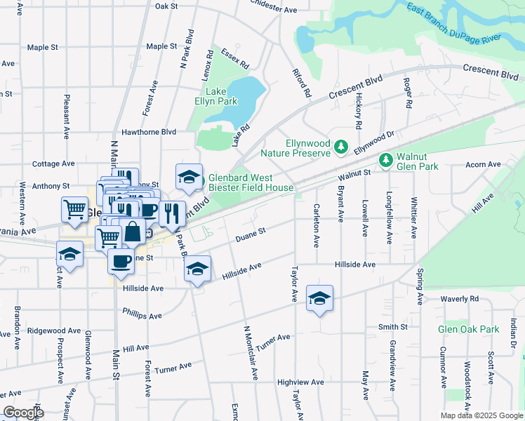 map of restaurants, bars, coffee shops, grocery stores, and more near 702 Duane Street in Glen Ellyn