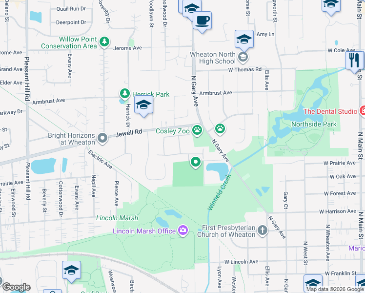 map of restaurants, bars, coffee shops, grocery stores, and more near 1034 Wheaton Oaks Drive in Wheaton
