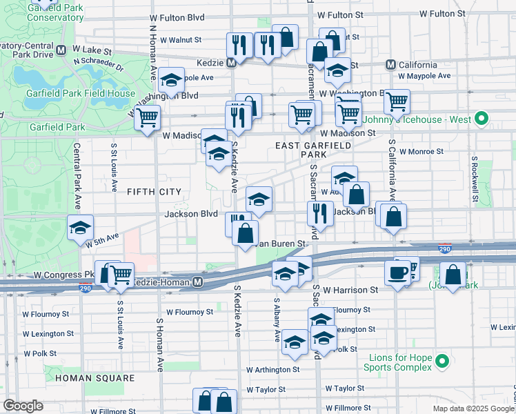 map of restaurants, bars, coffee shops, grocery stores, and more near 3155 West Jackson Boulevard in Chicago