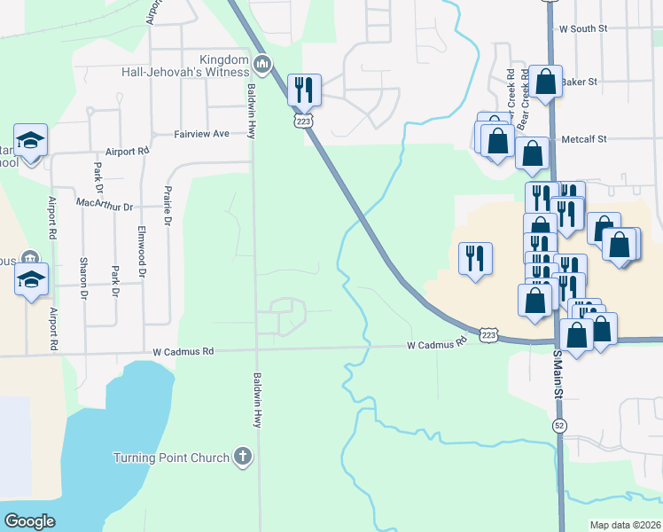 map of restaurants, bars, coffee shops, grocery stores, and more near 1651 Rivers Edge Court in Adrian