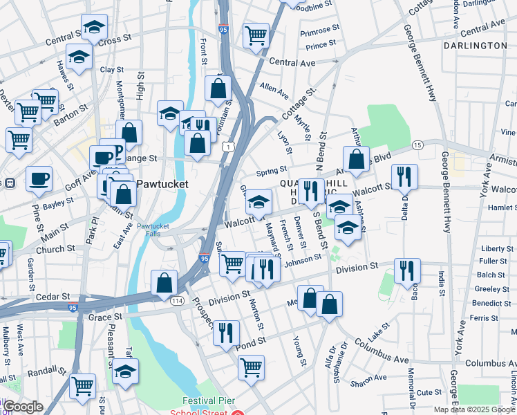 map of restaurants, bars, coffee shops, grocery stores, and more near 23 Maynard Street in Pawtucket
