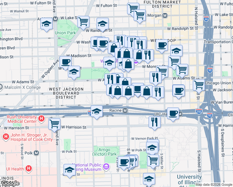 map of restaurants, bars, coffee shops, grocery stores, and more near 1241 West Jackson Boulevard in Chicago