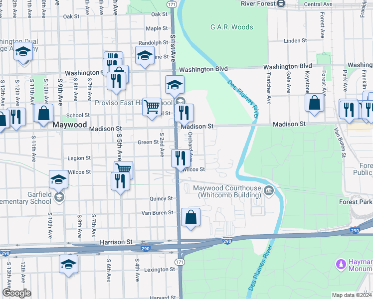 map of restaurants, bars, coffee shops, grocery stores, and more near 1112 Orchard Avenue in Maywood