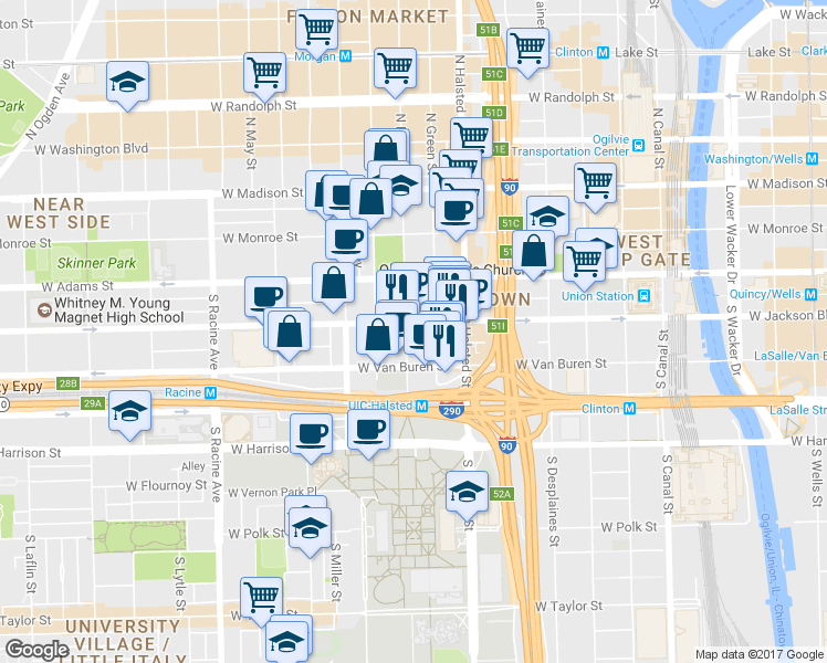 map of restaurants, bars, coffee shops, grocery stores, and more near 329 South Peoria Street in Chicago