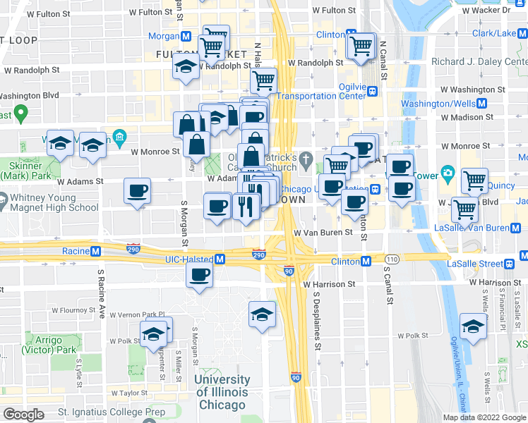 map of restaurants, bars, coffee shops, grocery stores, and more near 770 West Van Buren Street in Chicago