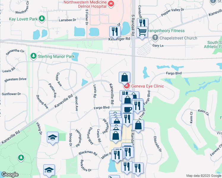 map of restaurants, bars, coffee shops, grocery stores, and more near 981 Ginger Lane in Geneva