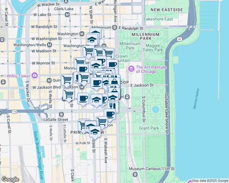 map of restaurants, bars, coffee shops, grocery stores, and more near 401 South Michigan Avenue in Chicago